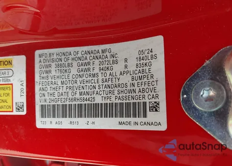 2024 Honda Civic Sport from USA, damaged, VIN 2HGFE2F56RH584425